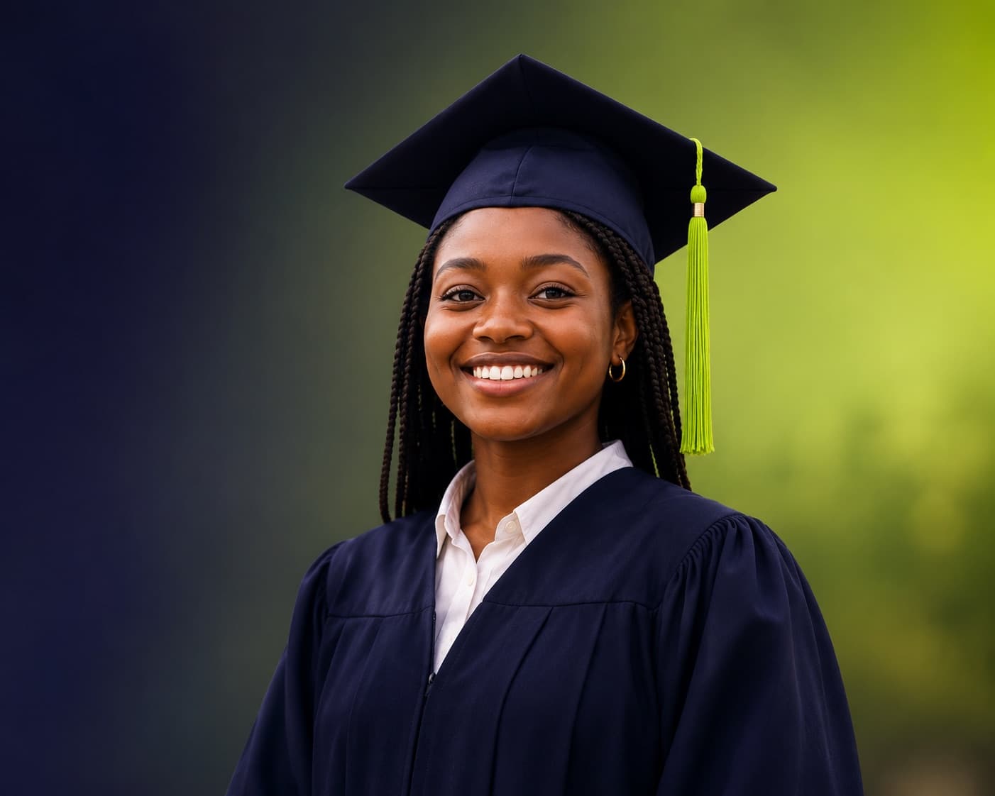 Jeune diplômée sénégalaise souriante, toque et gland lime